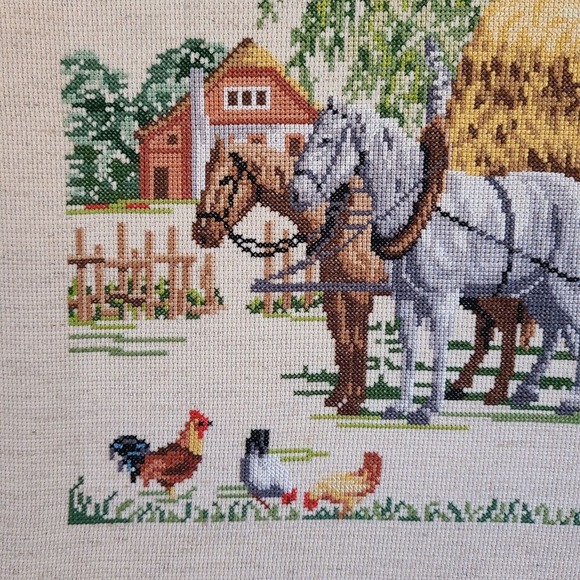 Vintage Cross Stitch Hay Wagon Barn Scene Farm Completed Textile Needlework - Picture 2 of 13